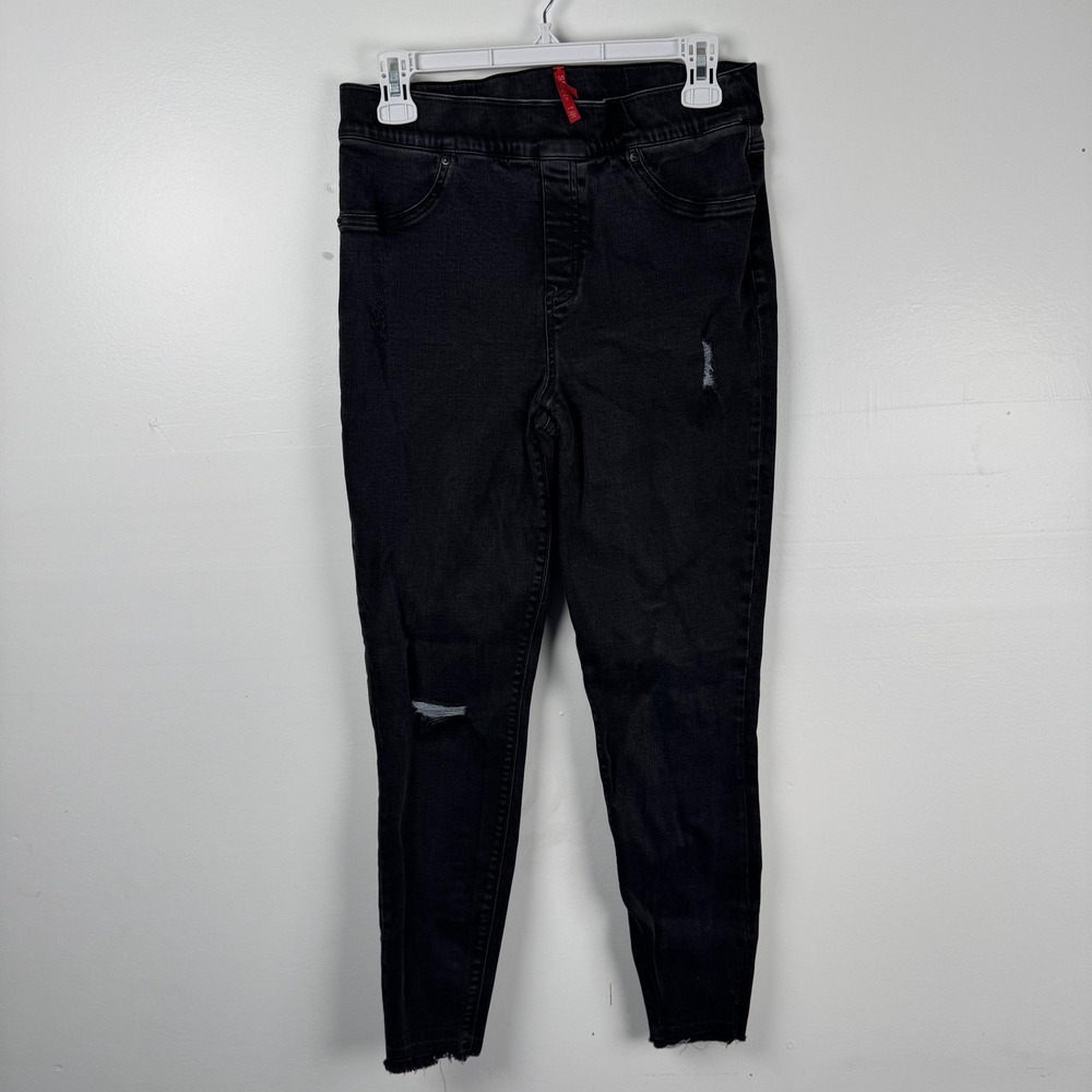 Spanx Jeans Womens Large (29x26) Black Distressed Skinny Stretch High Rise Pants